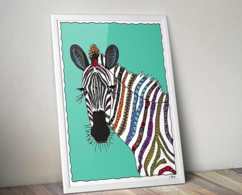 zebra art print childrens room aqua green blue colourful by Jennifer Reid