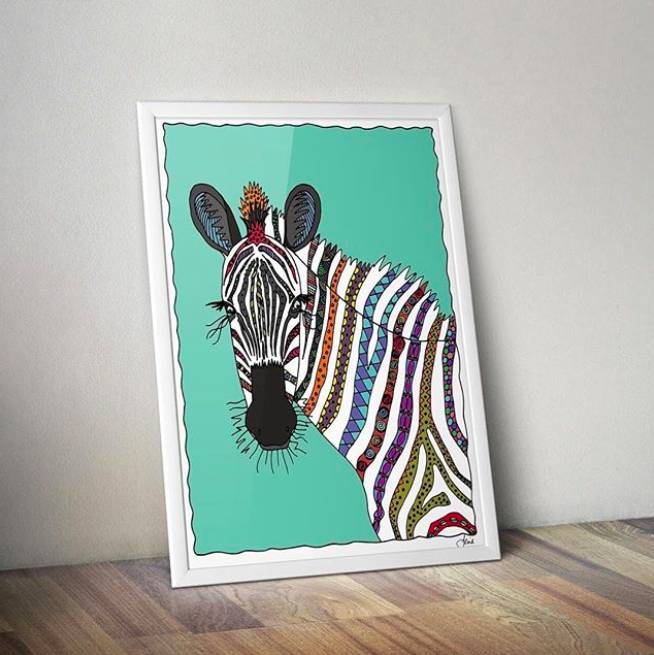 zebra art print childrens room aqua green blue colourful by Jennifer Reid