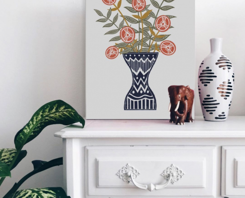 blue vase orange flowers floral botanical art print by Jennifer Reid