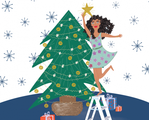 trimming the tree holiday art print christmas by Jennifer Reid