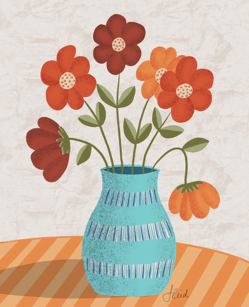 autumn flowers art print orange blue vintage by Jennifer Reid