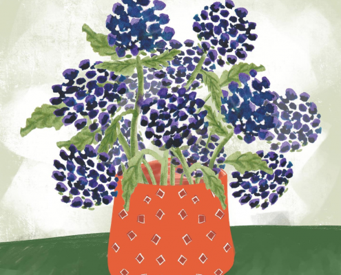 pot of hydrangeas floral botanical art print by Jennifer Reid