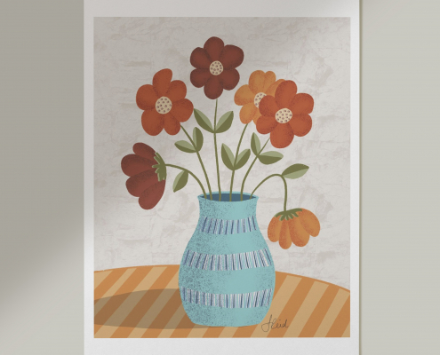 Autumn Flowers art print orange blue vintage by Jennifer Reid