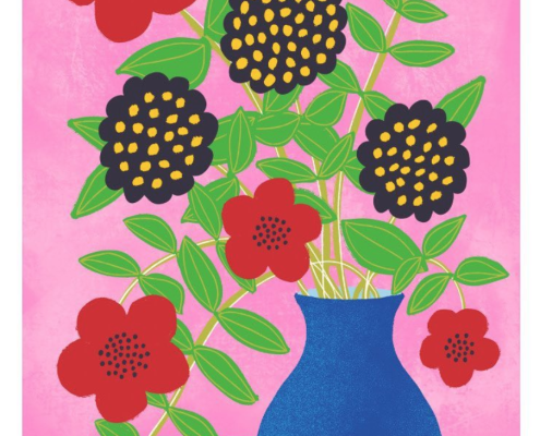 happy blue vase floral botanical red blue yellow pink background by Jennifer Reid