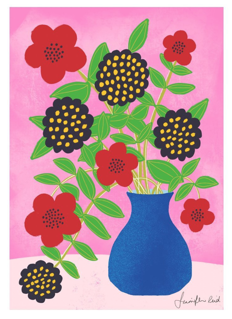 happy blue vase floral botanical red blue yellow pink background by Jennifer Reid