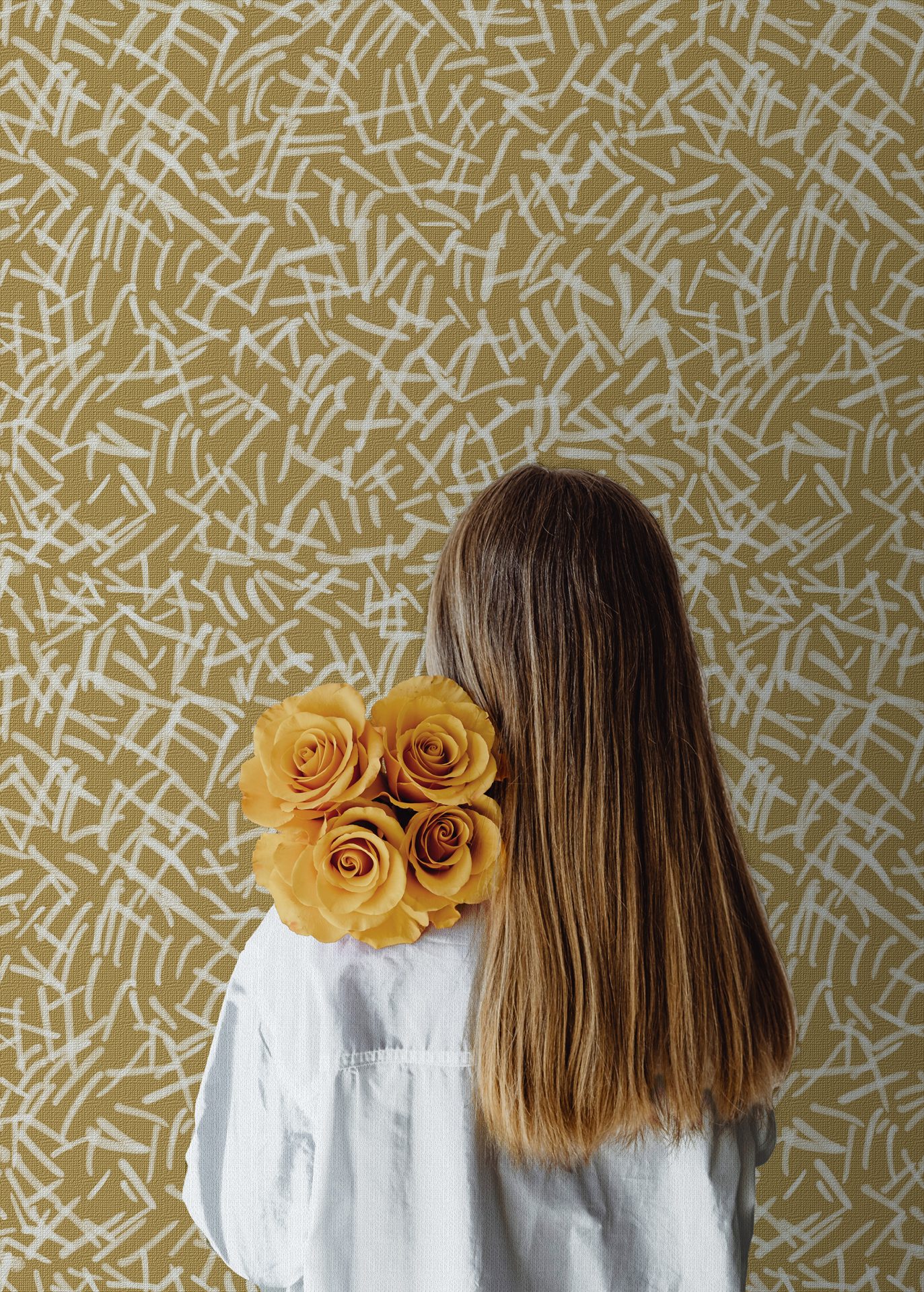 white hatch marks mustard yellow artist designed wallpaper