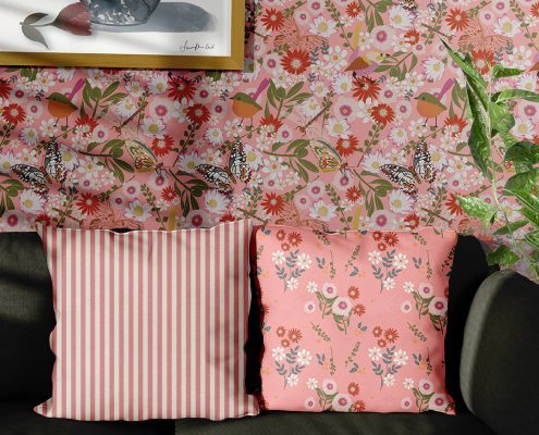 textile fabric design pink floral stripes