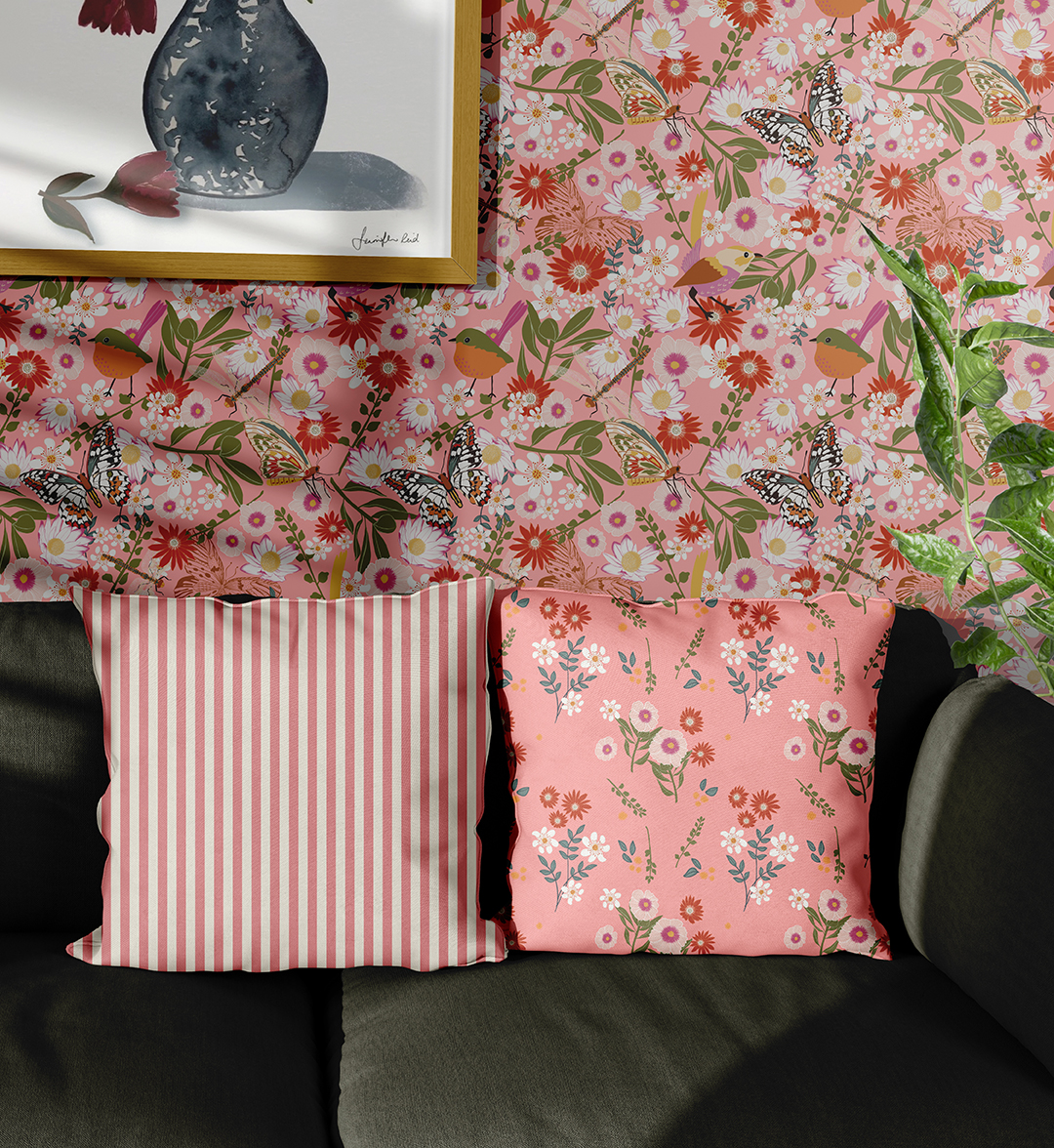 textile fabric design pink floral stripes