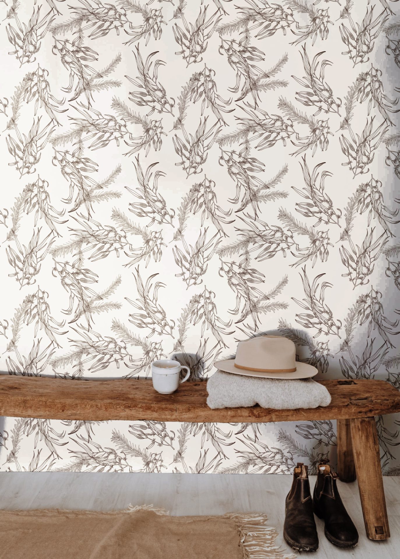 eucalyptus branches seeds handdrawn line art wallpaper design
