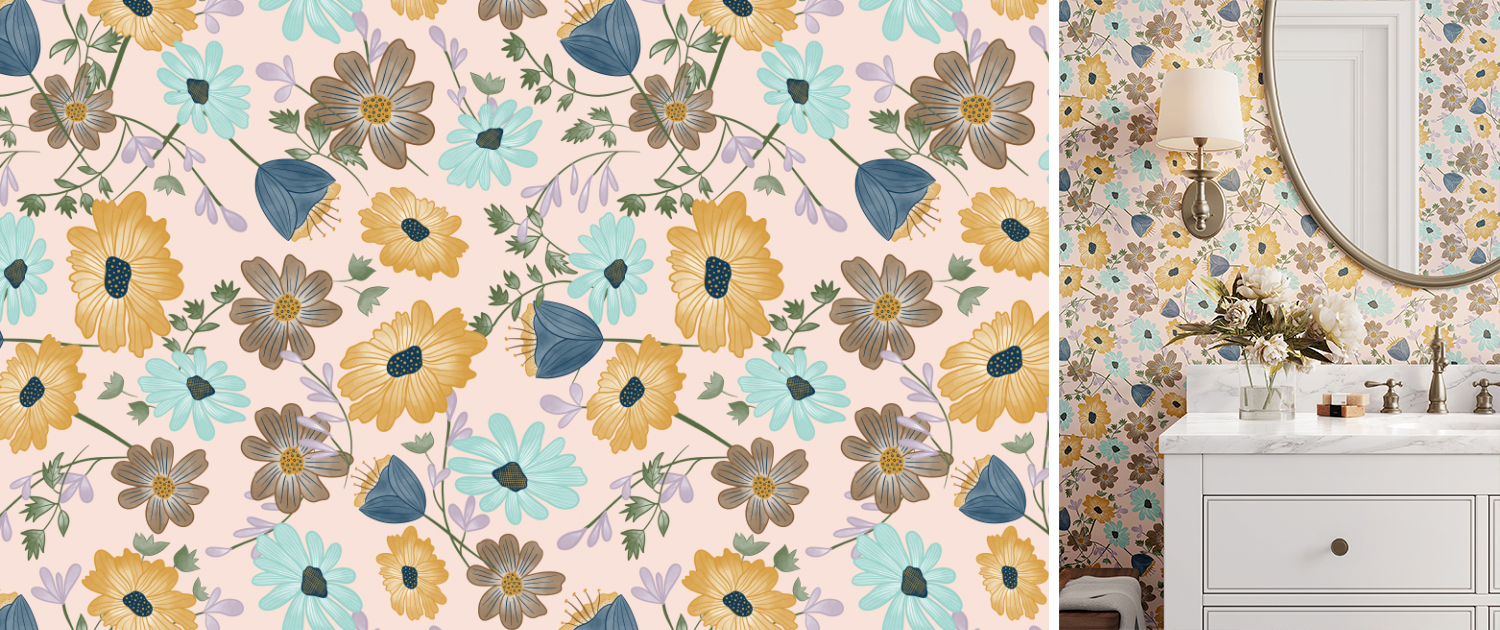 mustard yellow blue brown purple pink floral wallpaper