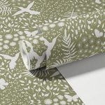 olive green white wallpaper florals butterflies birds