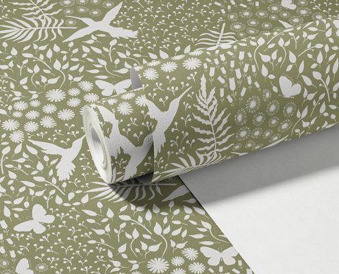 olive green white wallpaper florals butterflies birds