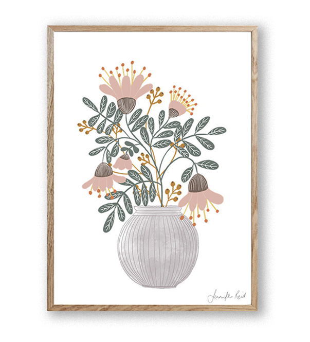 grey vase folk art green pink floral botanical art print