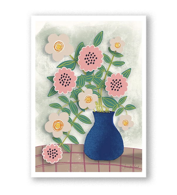 pink flowers blue vase art print