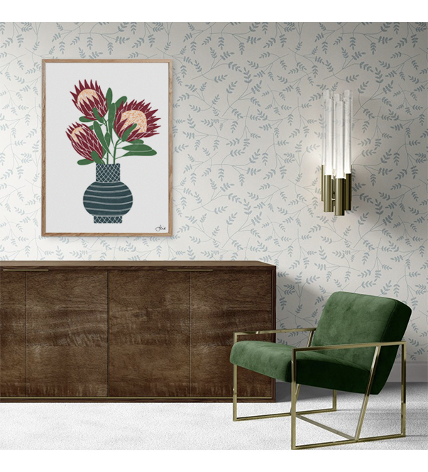 Protea-Vase-Print-Blooms-Leaves-Wallpaper-Jennifer-Reid